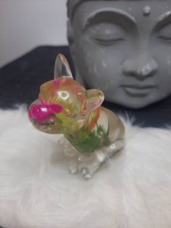 Bouledogue translucide avec incrustation de fleurs vertes et roses