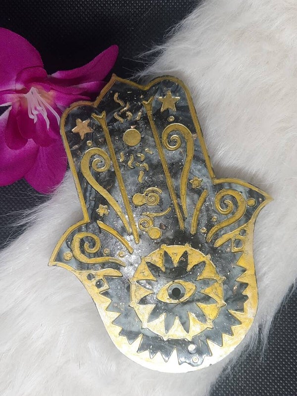 Porte encens Hamsa / main de Fatima noire à motifs  dorés