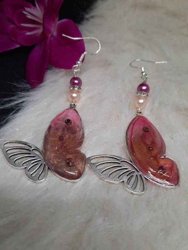 boucles d'oreilles papillon rose/doré/argenté