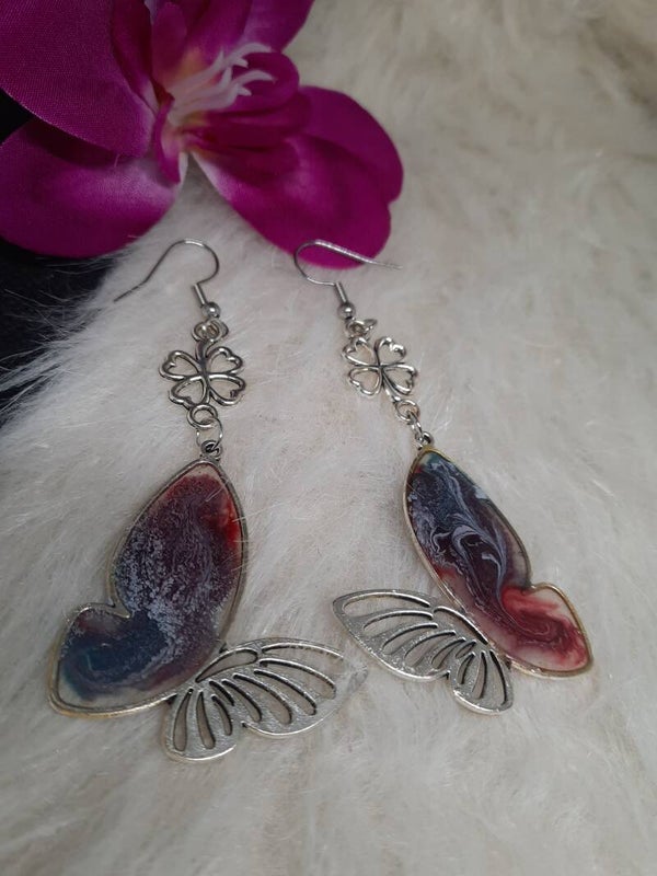 boucles d'oreilles papillon argenté /rouge/ bleu