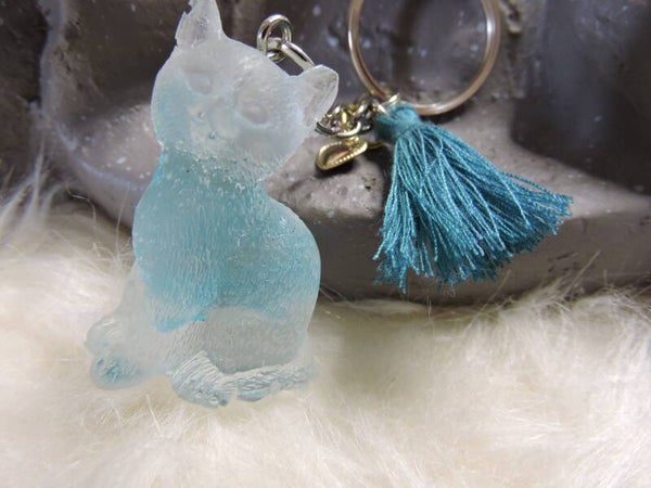 porte clés chat transparent avec fleur bleue