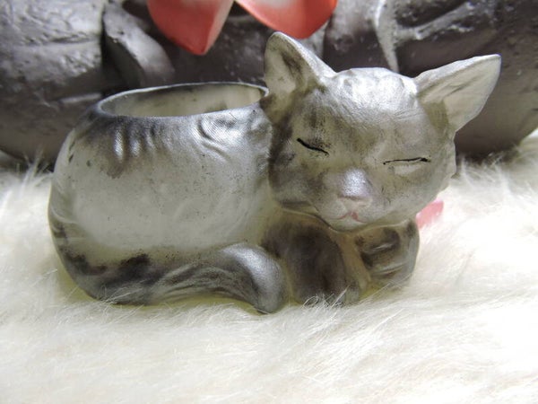 photophore / porte bougie chat gris et blanc