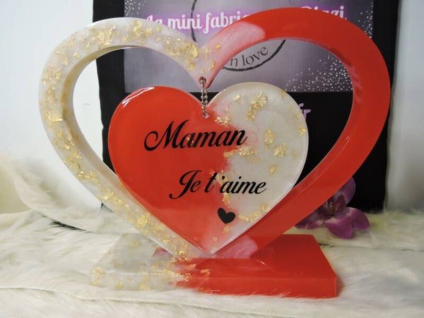 double coeur suspendu rouge et blanc avec feuilles d or