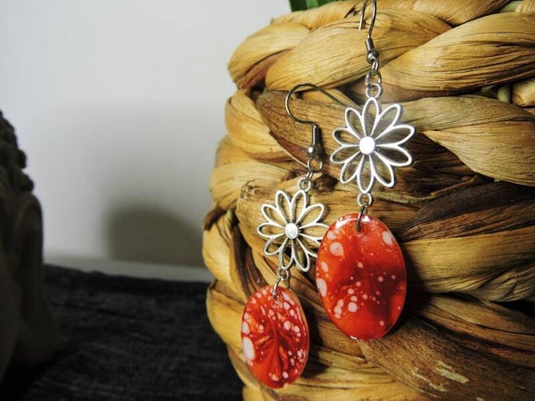 boucles d'oreille orange/rouge et blanc