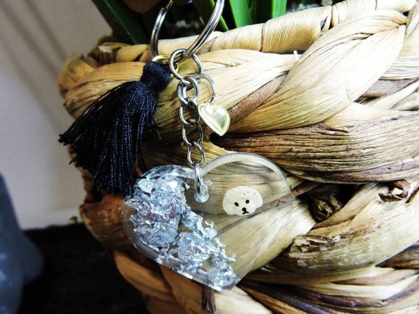 porte clés coeur feuilles d'argent /tête de caniche