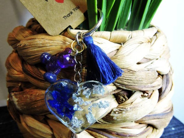 porte clés coeur bleu et transparent + feuille argentée