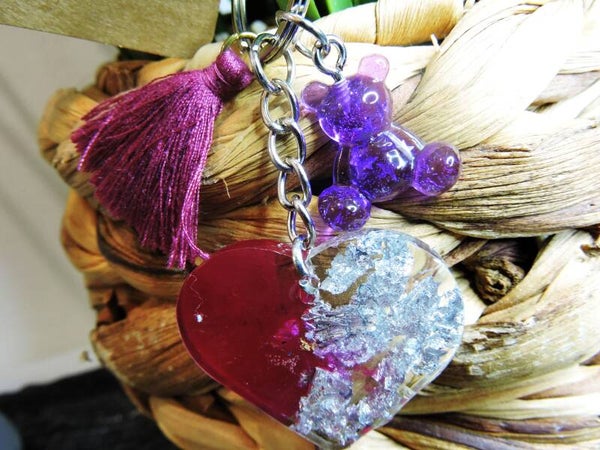 porte clés coeur fushia/ argenté