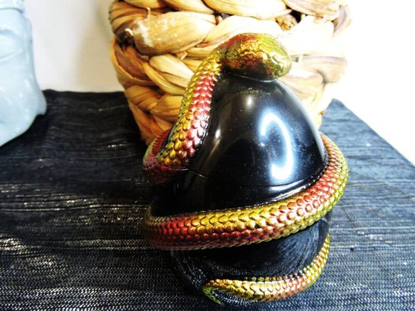 boite serpent rouge  et jaune sur fond noir