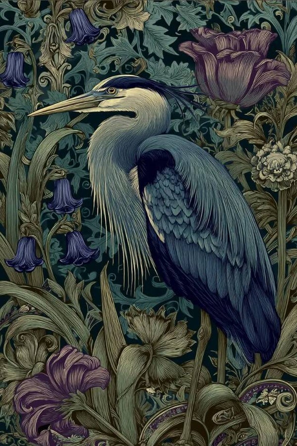 Blue Heron William Morris cross stitch pattern. Instant PDF Download. 60k Stitches.