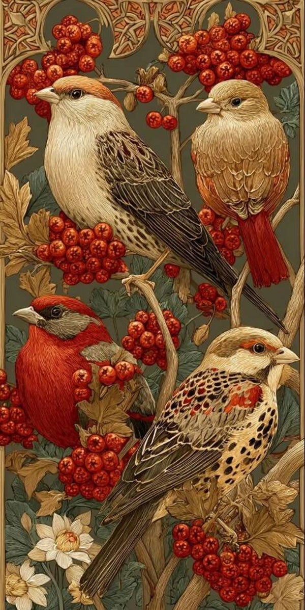 Four Birds Berries Autumnal Colour cross stitch pattern. Instant PDF Download. 45k Stitches.
