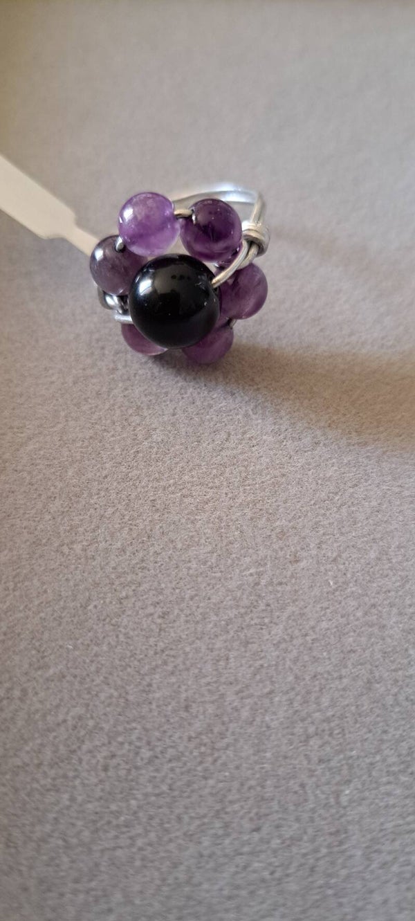 Bague en pierre d'Améthyste et fil d'aluminium T 60