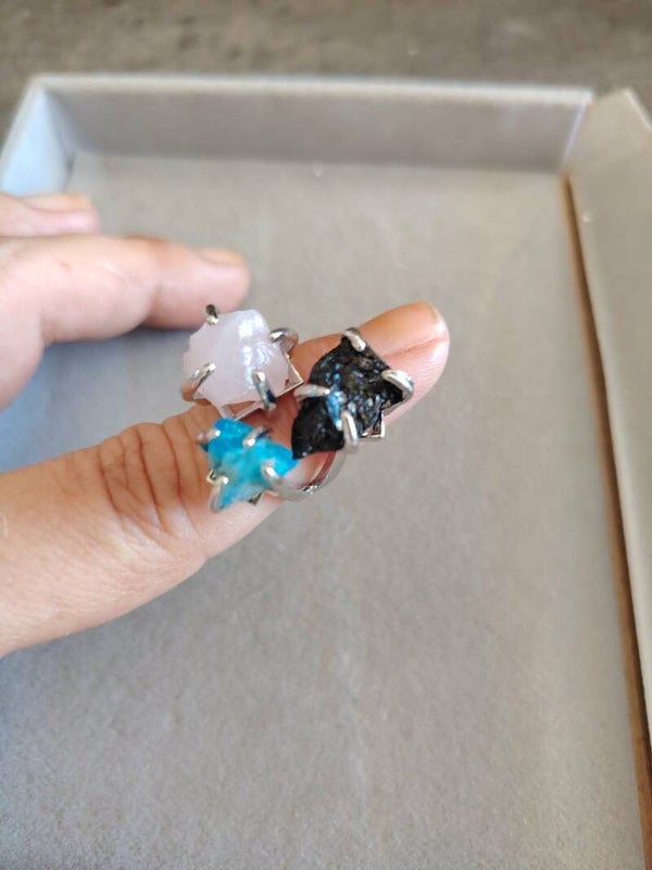 Bague triple Apatite - Quartz rose et Obsidienne