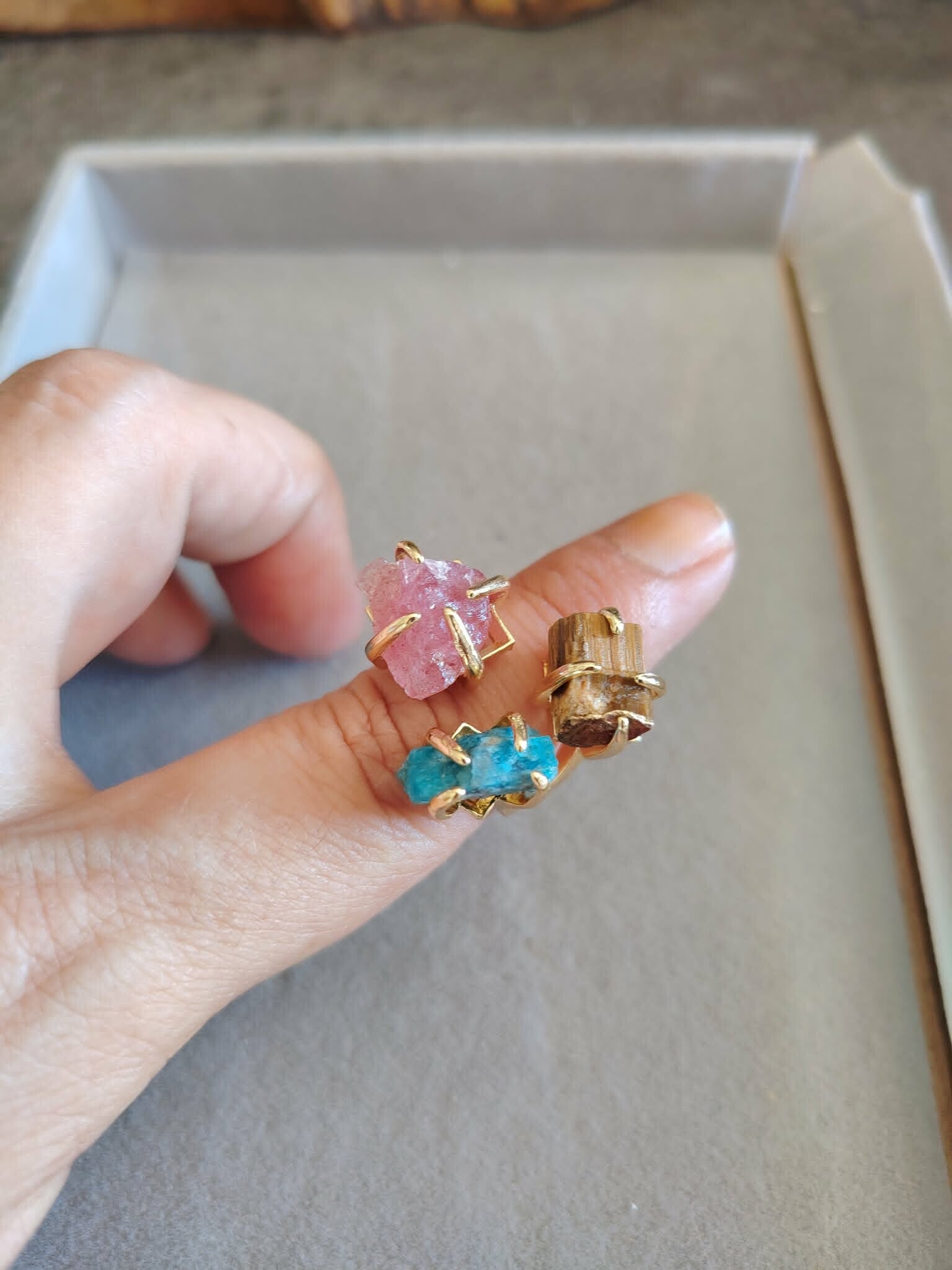 Bague triple Quartz rose - Oeil du tigre et Tourmaline