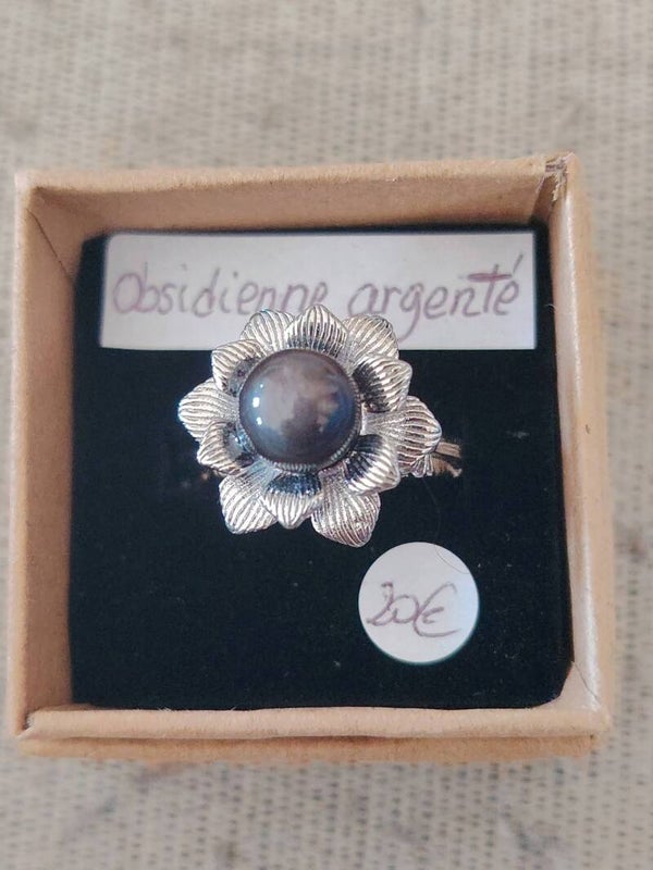 Bague réglable en Obsidienne Argenté Anti-stress