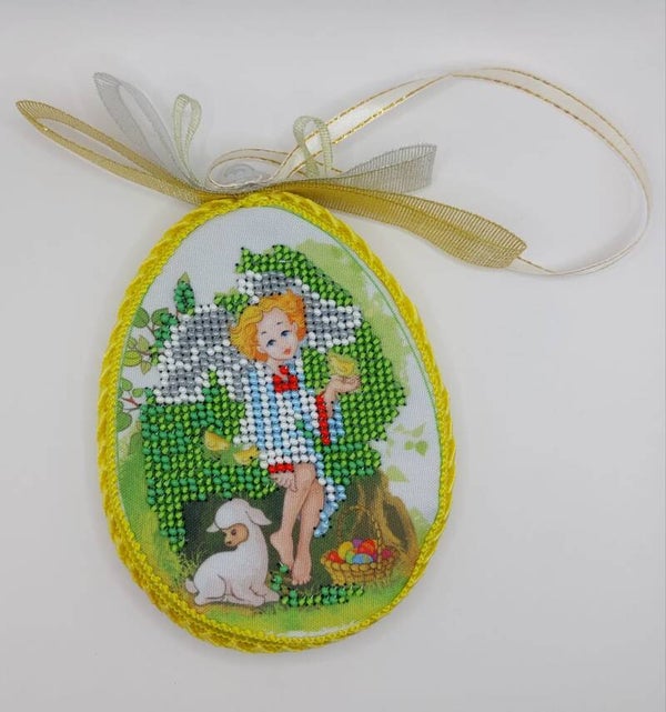 Geborduurd Paasei Ornament met Engel en Lam