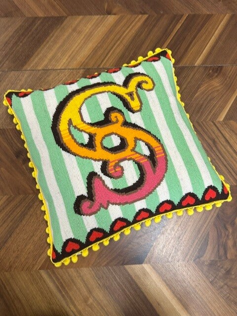 Appliqued cushion made at Summertown Tailoring, Oxford