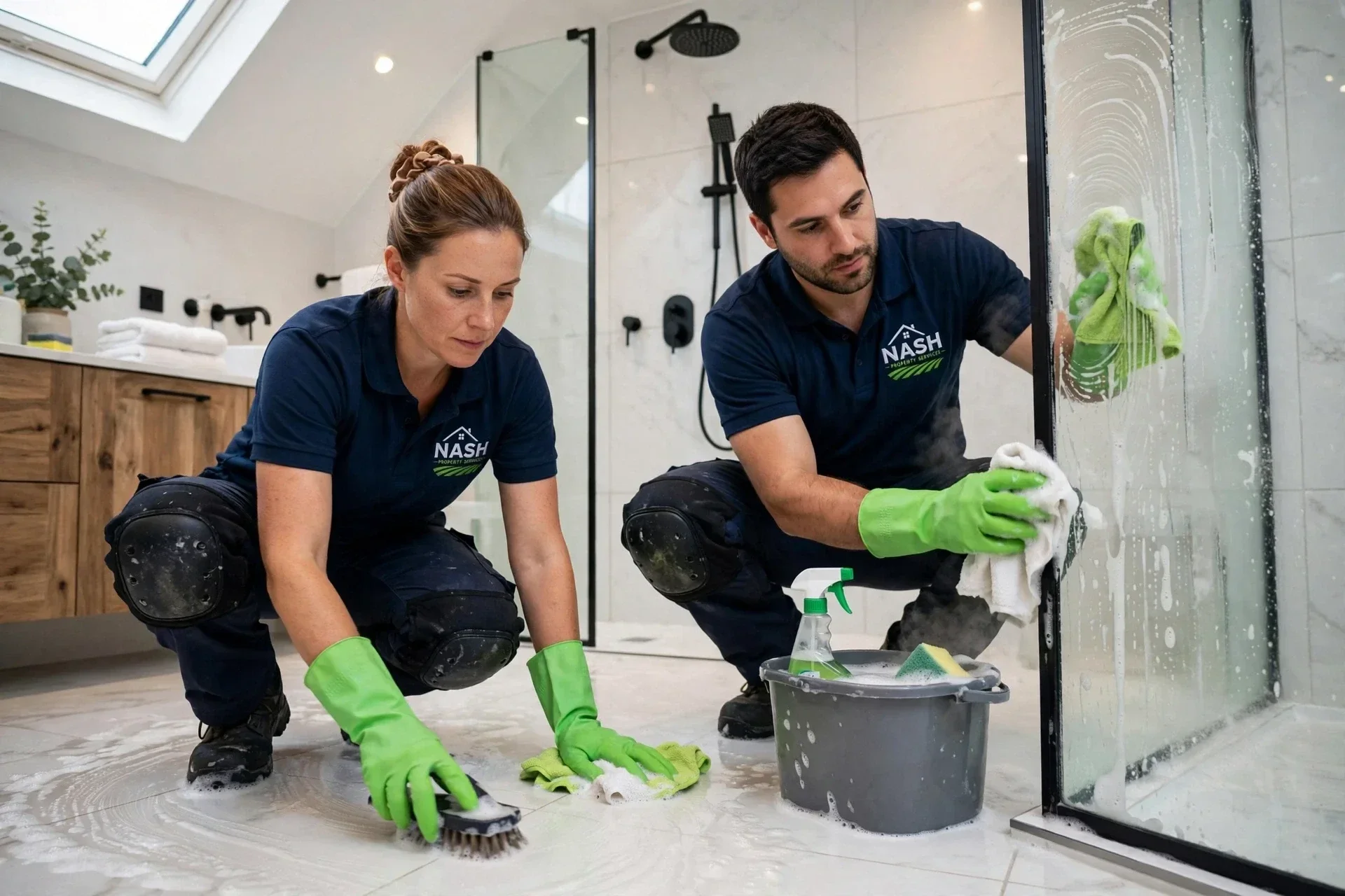 Cleaners detailing a bathroom shower in a Bayside home