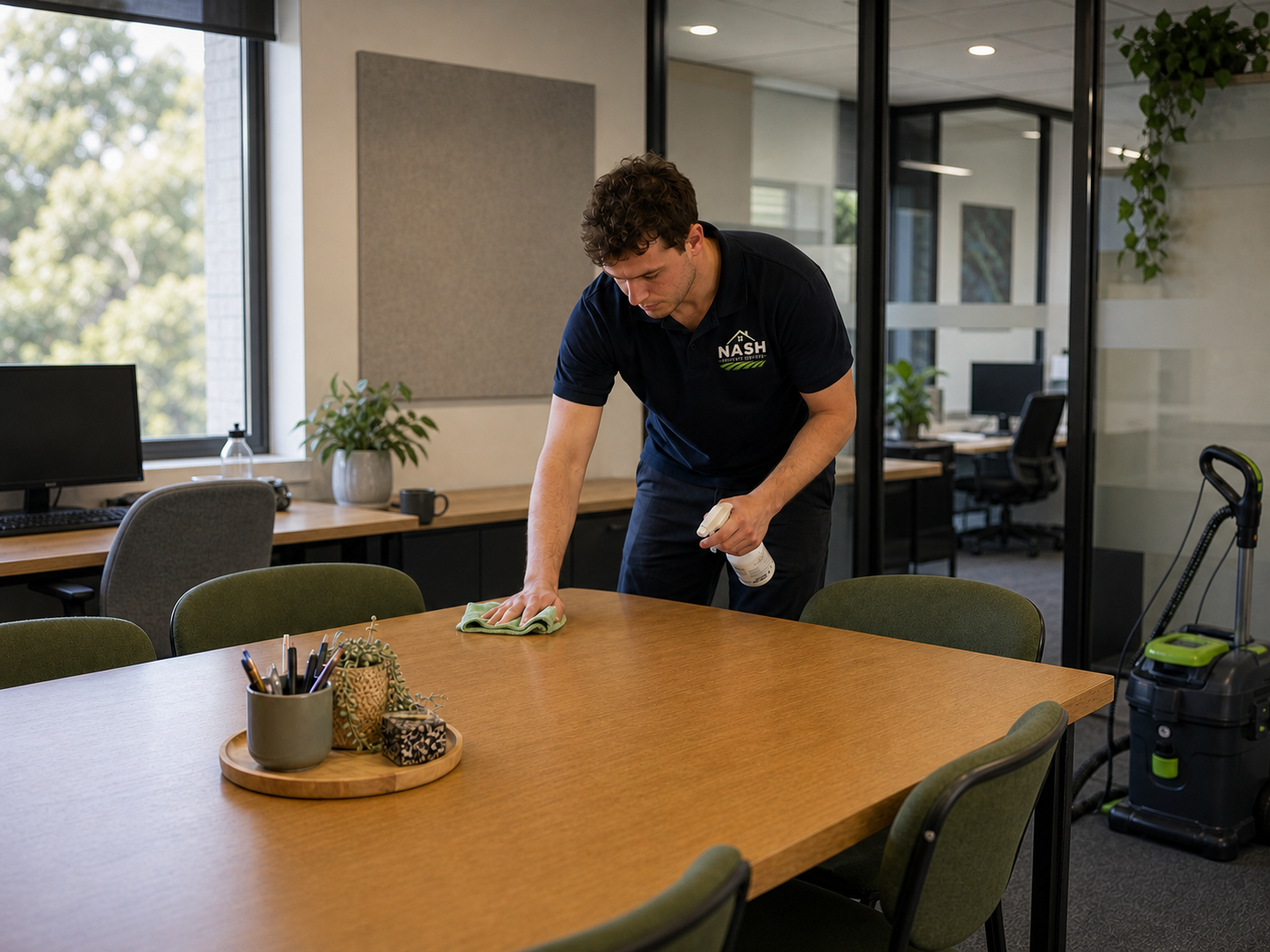 Cleaner wiping a meeting table in a Bayside office