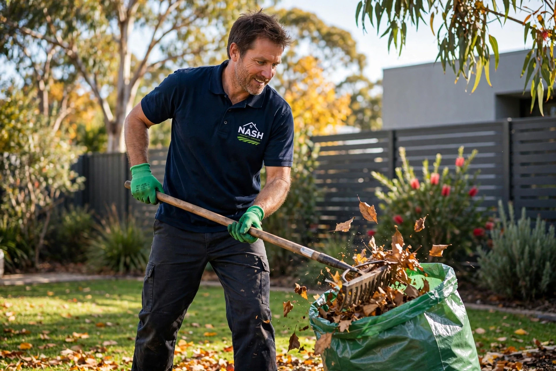 Collecting leaves during a Bayside garden tidy-up