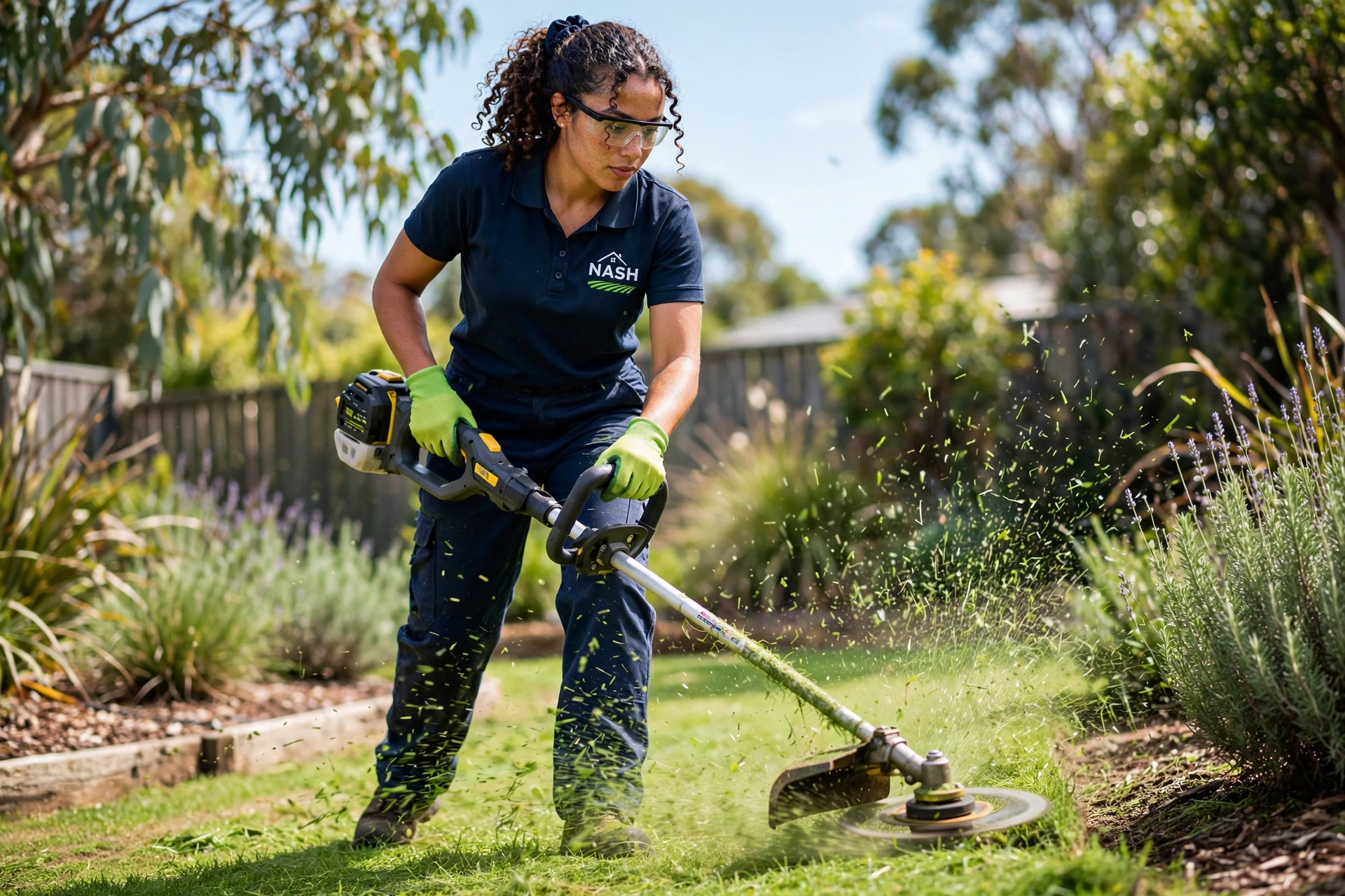 Trimming lawn edges around a Bayside garden
