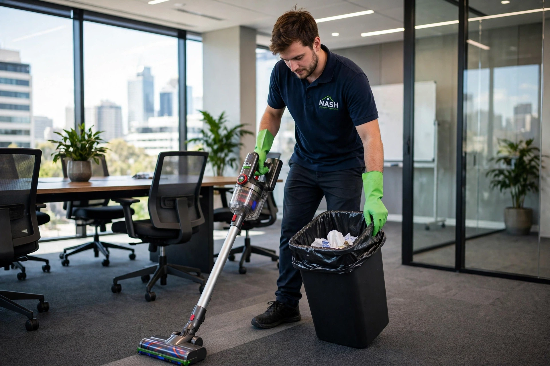 Cleaner vacuuming and emptying bins in a Bayside office