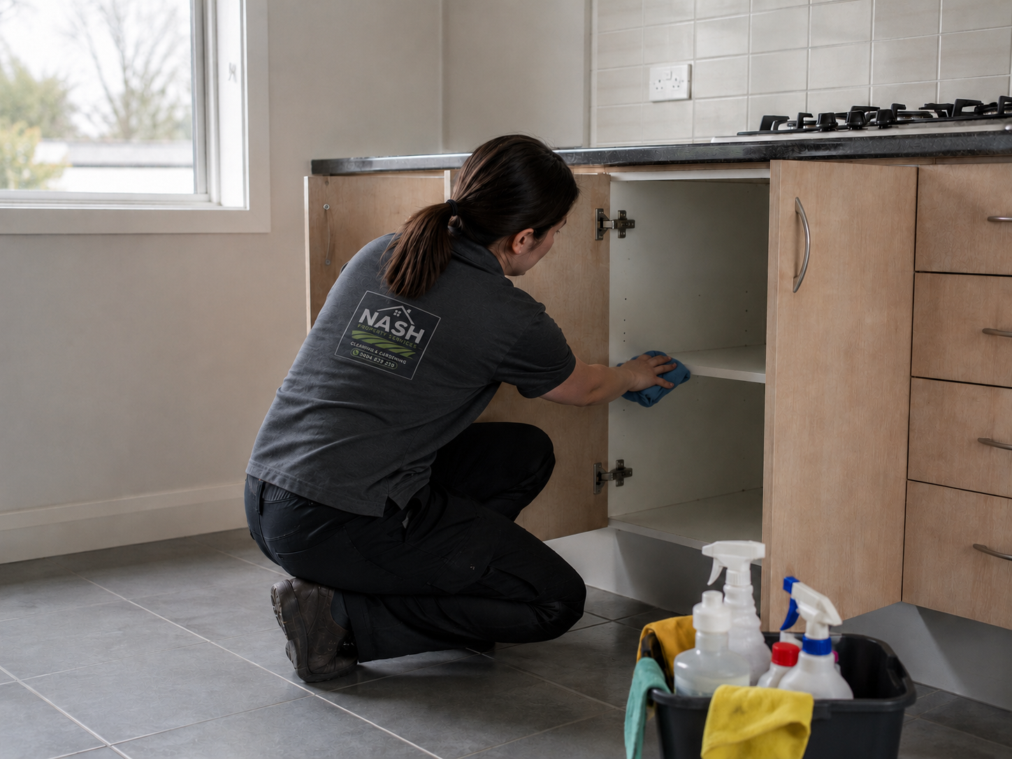 Cleaner mopping a hallway during a deep house clean