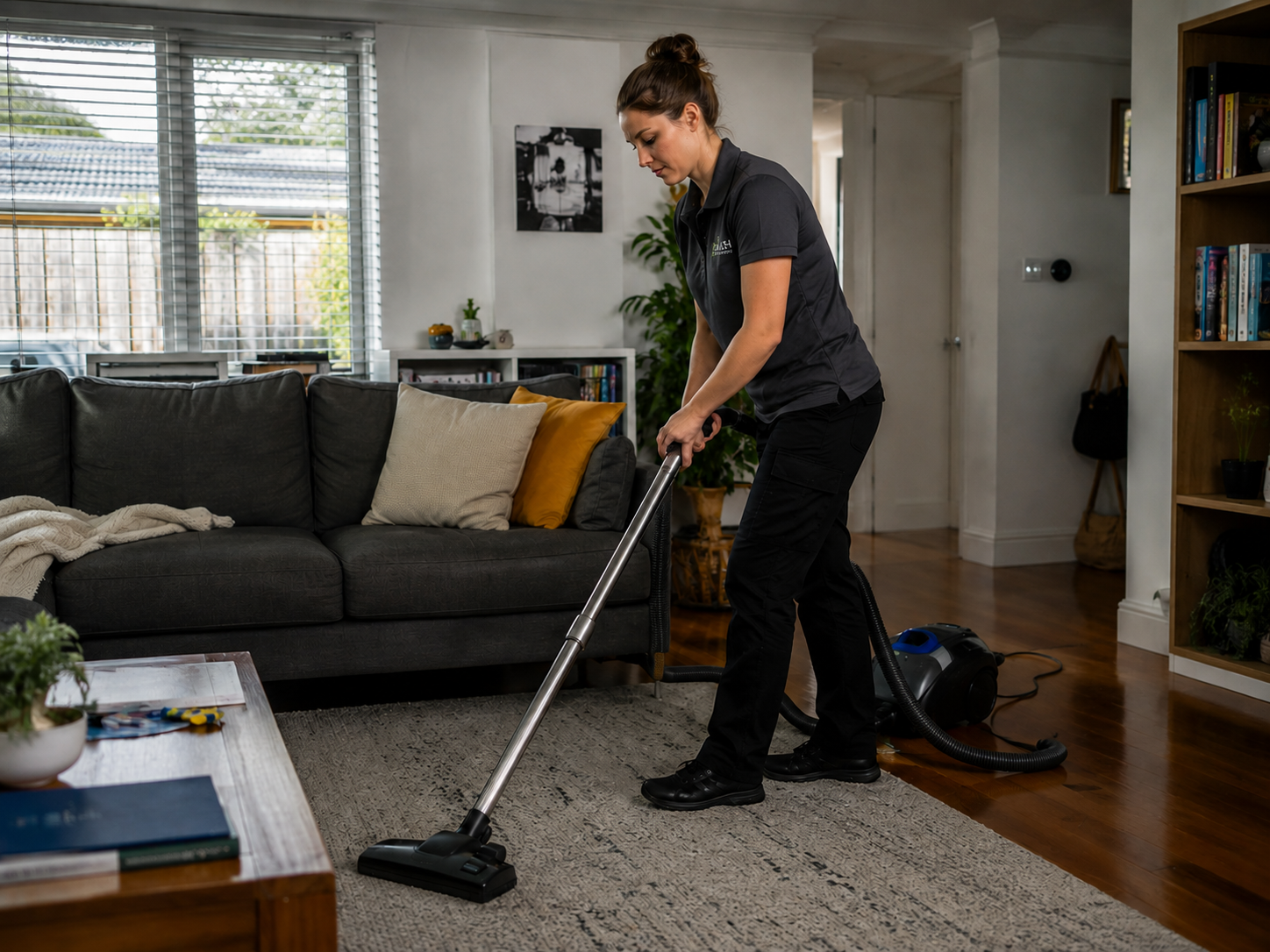 Cleaner dusting shelving during a regular house clean