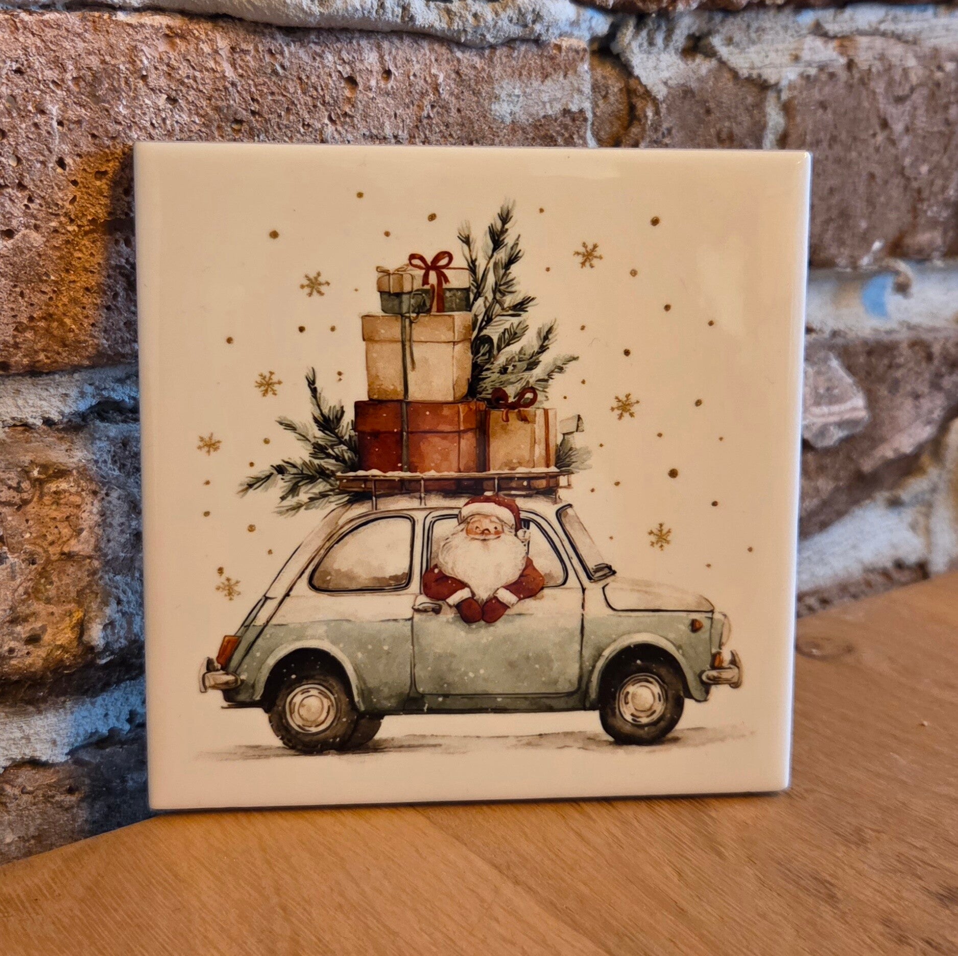 Tegeltje 'vintage auto met kerstman'