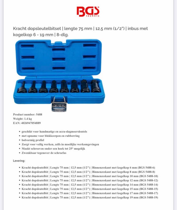 Kracht dopsleutelbitset | lengte 75 mm | 12,5 mm (1/2") | inbus met kogelkop 6 - 19 mm | 8-dlg.