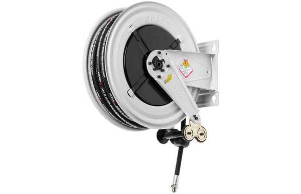 Haspel warm water 15 m Ø 1/2" 100 bar Gepoederlakt staal met automatische oprol en zwenkbare muurbeugel Raasm