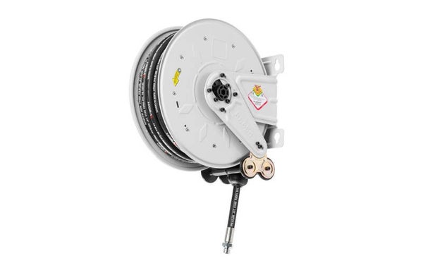 Haspel perslucht en water 12 m Ø G 3/8" (f) 20 bar Gepoederlakt staal met automatische oprol en vaste muurbeugel Raasm