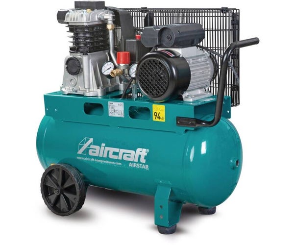 Mobiele compressor riemaandrijving met olie ketel 50 L 1,5 kW / 2 Pk 10 Bar 235 l/min 230V Aircraft