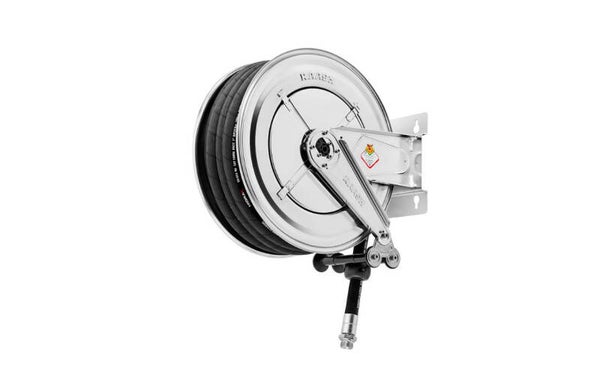 Industriele haspel Diesel 15 m Ø 1" 10 bar RVS 304 met automatische oprol en vaste muurbeugel Raasm