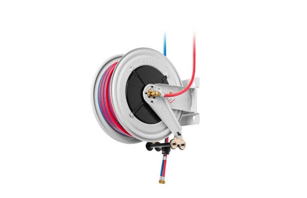 Industriele haspel acetyleen lassen 25 m Ø 3/8" 20 bar Gepoederlakt staal met automatische oprol en vaste muurbeugel Raasm