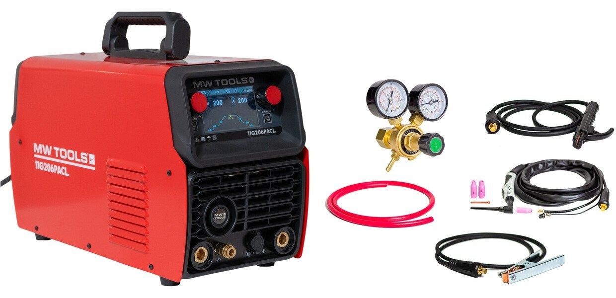 AC/DC TIG lasinverter 200 A voor het lassen in TIG AC, DC, PULSE TIG, en elektrode MMA. MW Tools