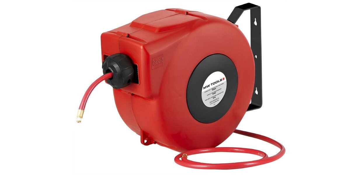 Haspel perslucht 8 m Ø 3/8" 10 bar PP met automatische oprol en zwenkbare muurbeugel MW Tools