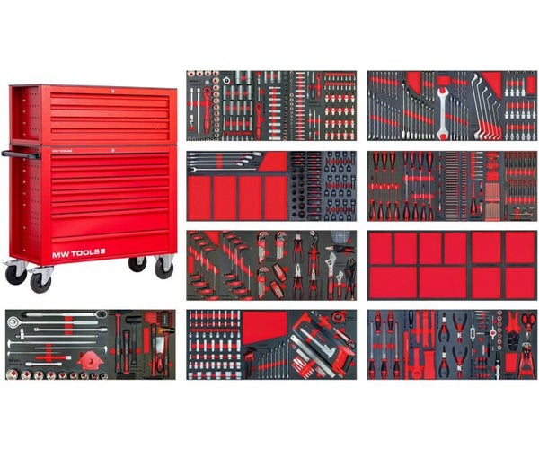 Gevulde brede gereedschapswagen met topkoffer XXL 729-delig MW Tools