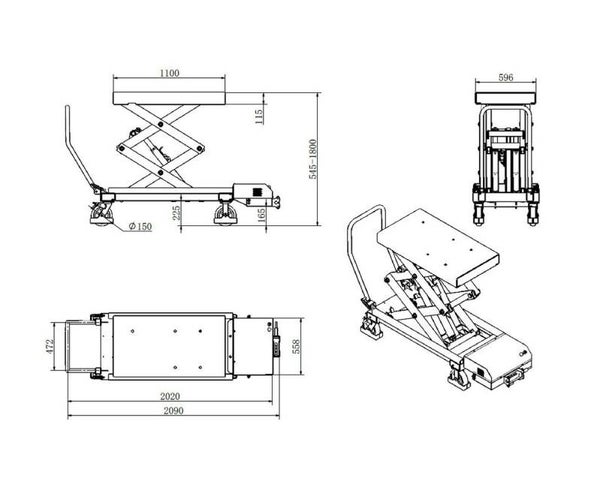 Elektrische verrijdbare heftafel 1200 kg - Hefhoogte 1800 mm - Platform 1100 x 596 mm - 230 V voeding MW Tools