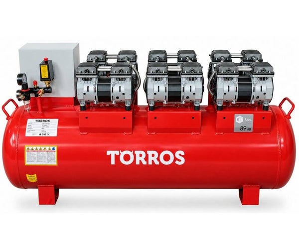 Stille olievrije meermotorige zuigercompressor 270 l – 450 l/min 8 bar - 6x1.2 kW direct aangedreven 400 V - Trapsgewijze opstart Torros