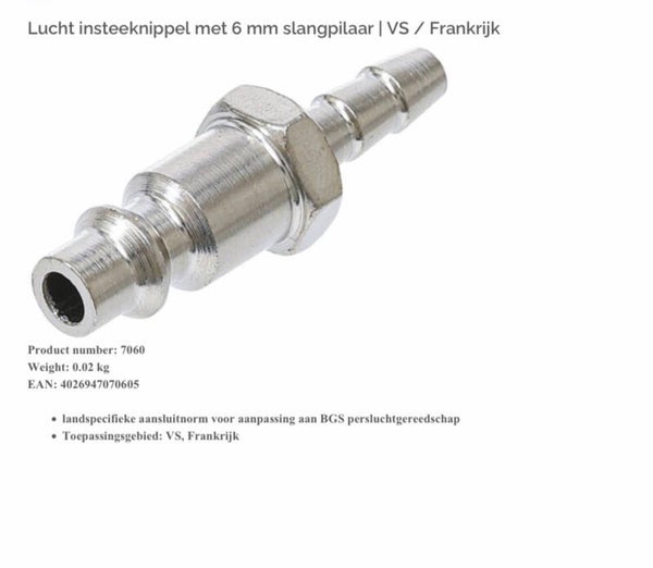 Lucht insteeknippel met 6 mm slangpilaar | VS / Frankrijk