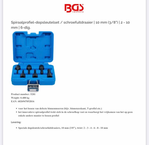 Spiraalprofiel-dopsleutelset / schroefuitdraaier | 10 mm (3/8") | 2 - 10 mm | 6-dlg.