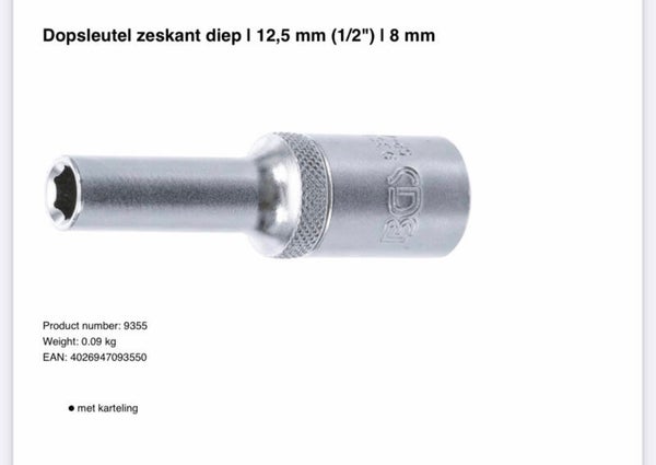 Dopsleutel zeskant diep | 12,5 mm (1/2") | 8 mm