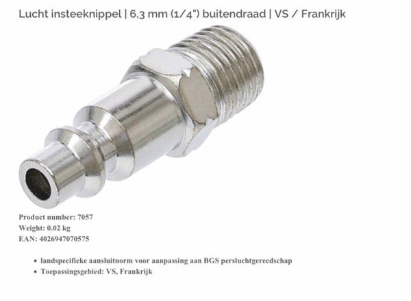 Lucht insteeknippel | 6,3 mm (1/4") buitendraad | VS / Frankrijk