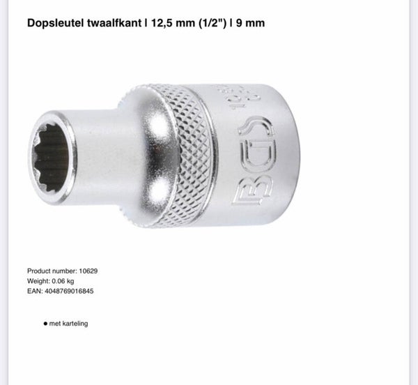 Dopsleutel twaalfkant | 12,5 mm (1/2") | 9 mm