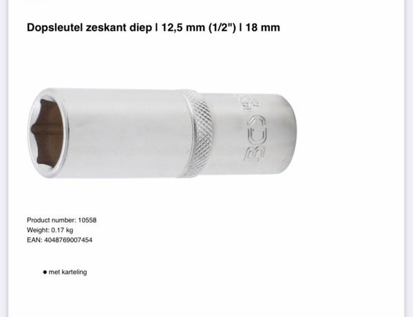 Dopsleutel zeskant diep | 12,5 mm (1/2") | 18 mm