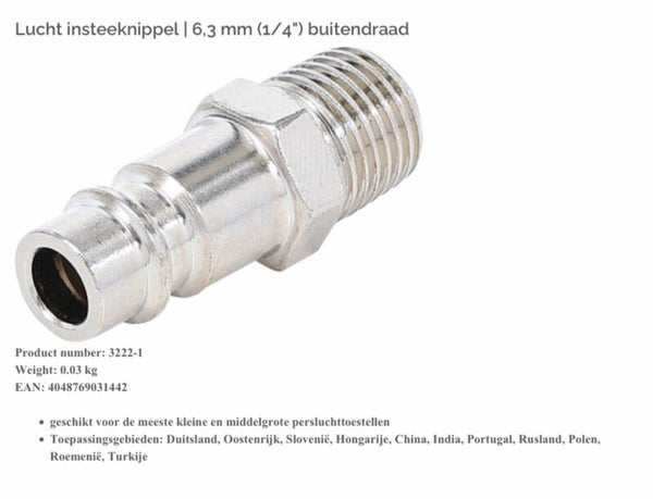 Lucht insteeknippel | 6,3 mm (1/4") buitendraad