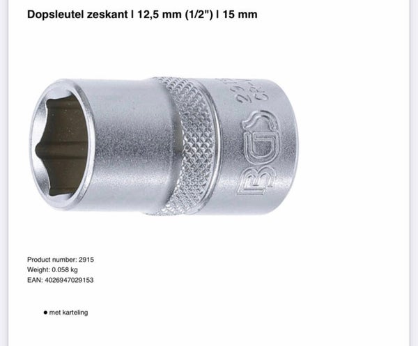 Dopsleutel zeskant | 12,5 mm (1/2") | 15 mm