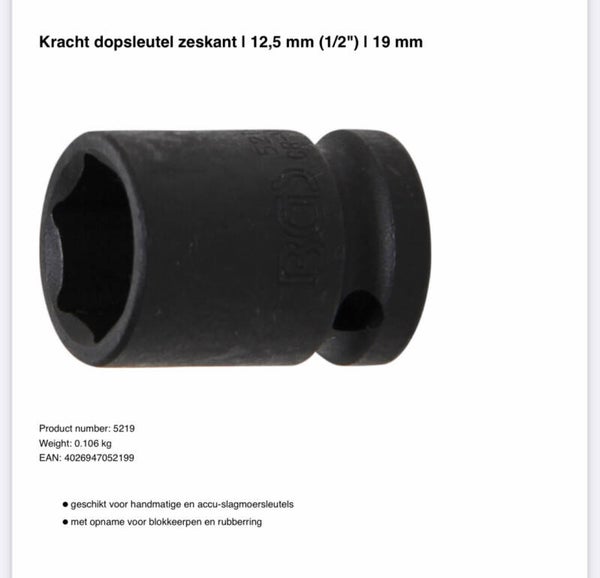 Kracht dopsleutel zeskant | 12,5 mm (1/2") | 19 mm
