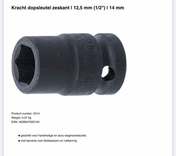 Kracht dopsleutel zeskant | 12,5 mm (1/2") | 14 mm