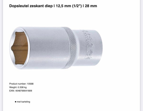 Dopsleutel zeskant diep | 12,5 mm (1/2") | 28 mm